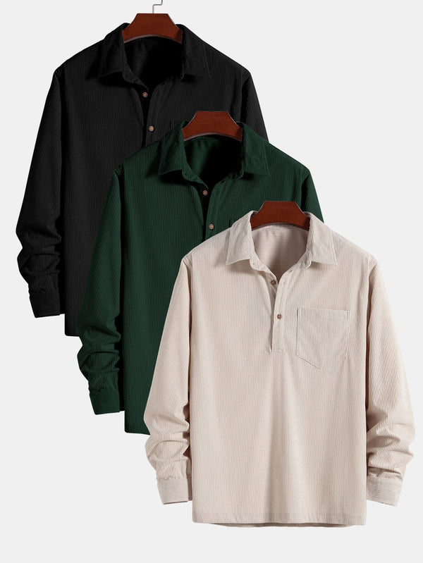 3 Pieces Long Sleeve Polo Neck Corduroy Shirt