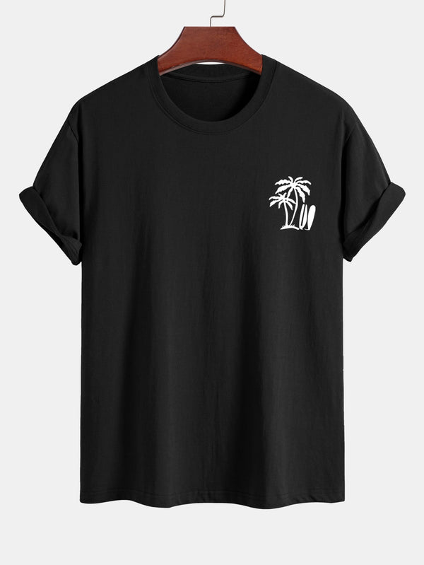 Regular Fit Palm Tree Surfboard Print Cotton T-Shirt